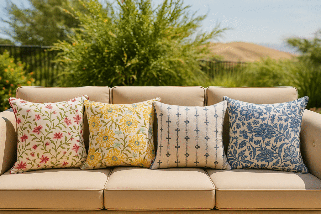 Ohana Earth embroidered cushions on a beige sofa in a breezy Californian setting.