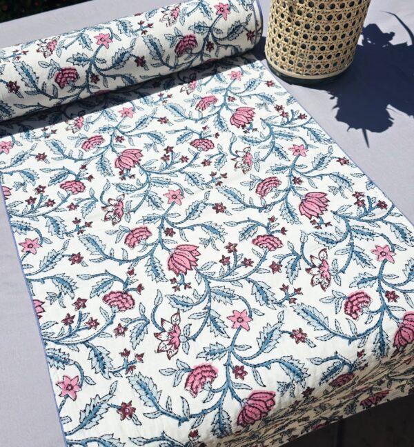 Hand block printed embroidered cotton table runner in pink floral on white – ethically made by artisans at Ohana Earth