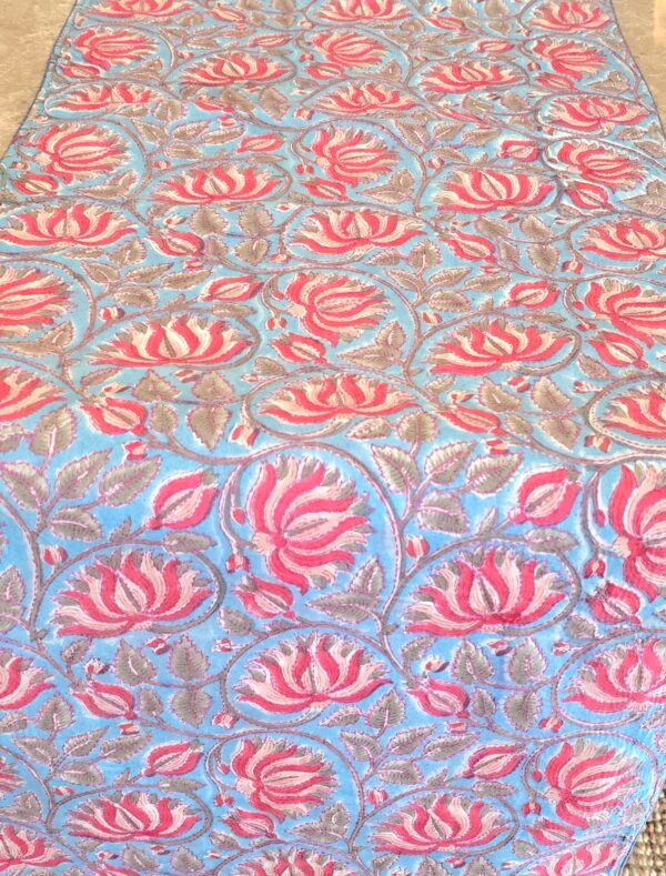 Lotus on Blue Block Printed Embroidered Table Runner - Image 2