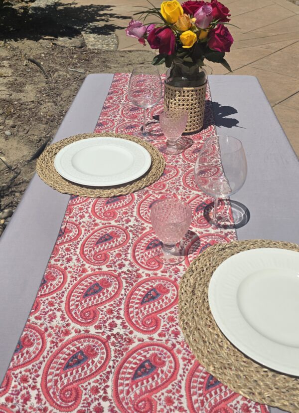 Orange Paisley Block Printed Embroidered Table Runner - Image 3